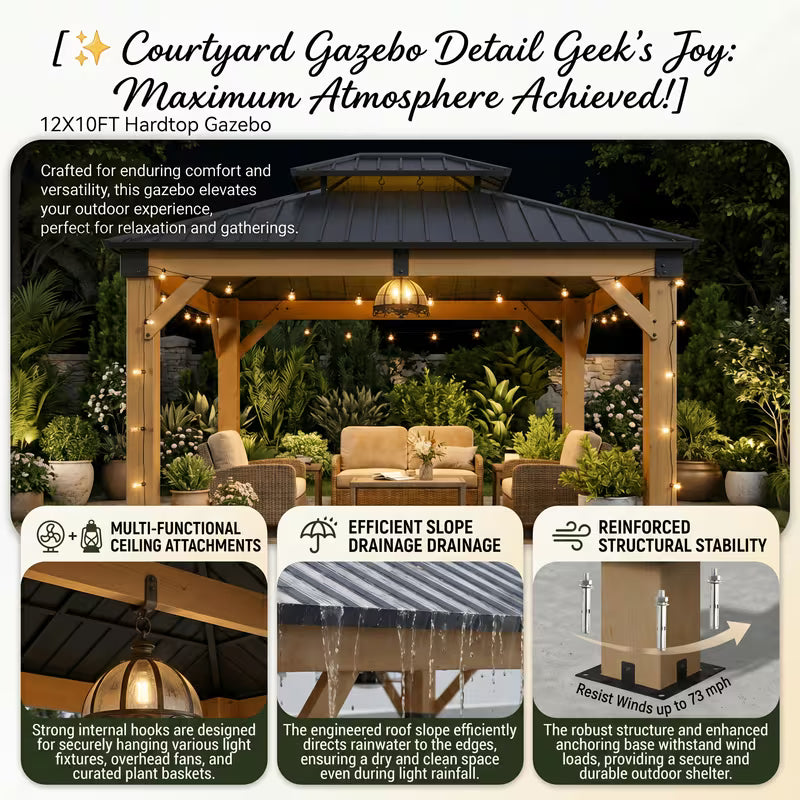 12X10Ft Outdoor Wooden Hardtop Gazebo with Double Top Galvanized Steel Roof