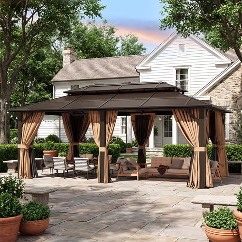 16x12ft Brown Aluminum Alloy Hardtop Gazebo