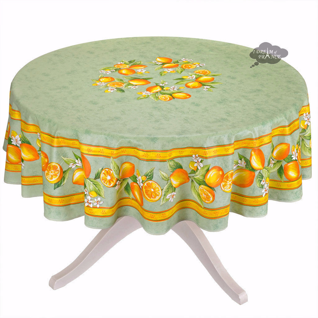 French Provencal tablecloth - Cotton, natural or acrylic-coated - 70" round - Lemon green | Tissus Toselli