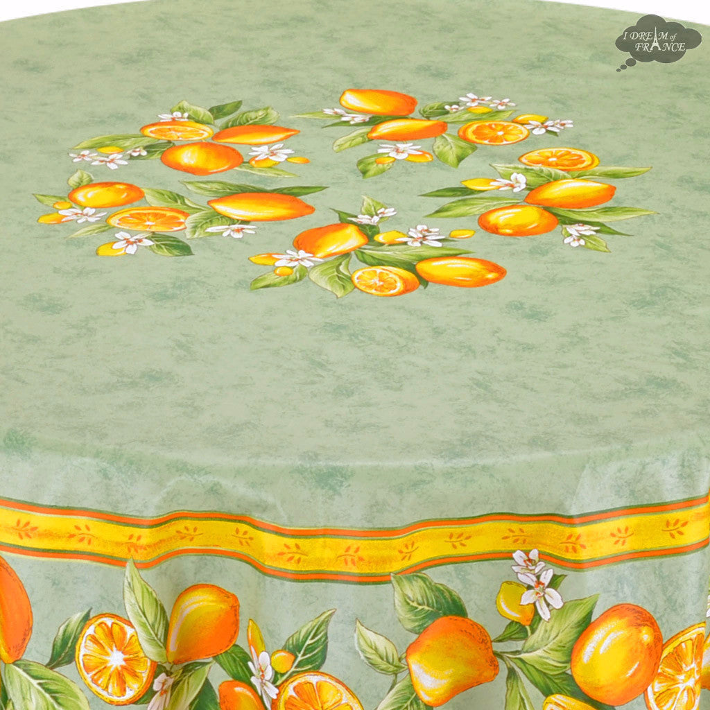 French Provencal tablecloth - Cotton, natural or acrylic-coated - 70" round - Lemon green | Tissus Toselli