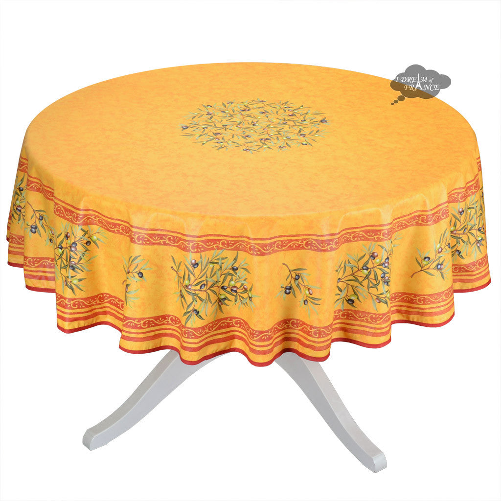 French Provencal tablecloth - Cotton, natural or acrylic-coated - 70" round - Clos des Oliviers yellow | Label France