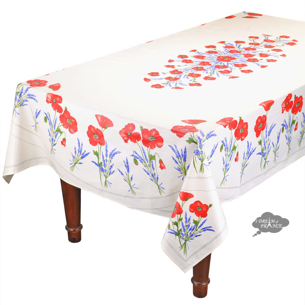 French Provencal tablecloth - Acrylic coated cotton, Spill-proof - 60x96" Rectangular - Poppies ivory | Tissus Toselli