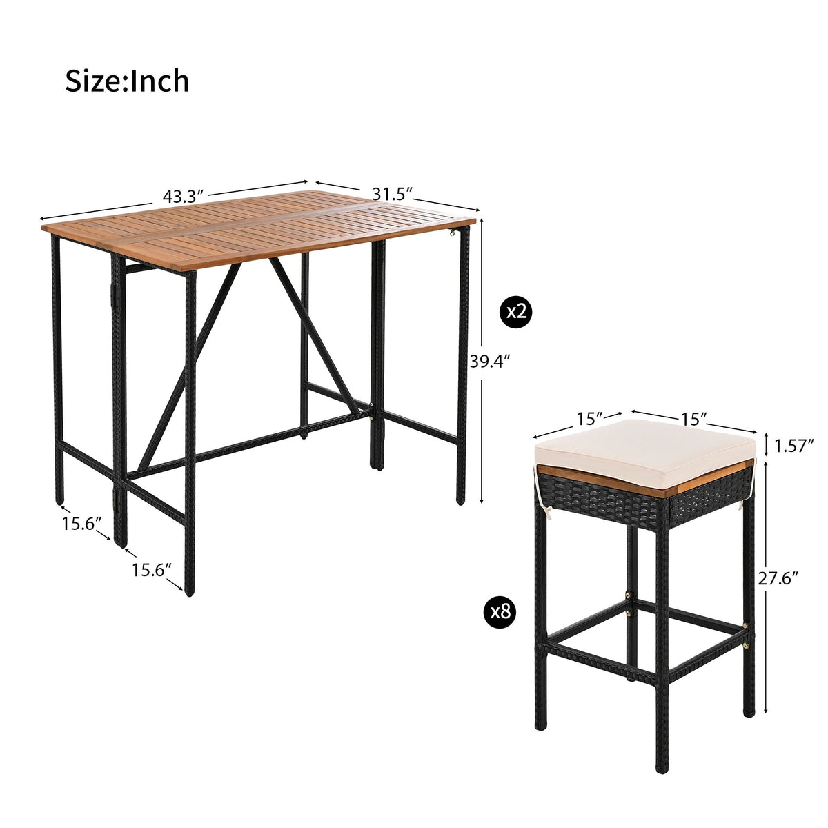 Outdoor Acacia Wood Bar Height Table and Eight Stools with Cushions
