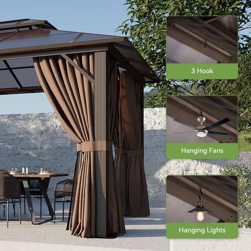 16x12ft Brown Aluminum Alloy Hardtop Gazebo