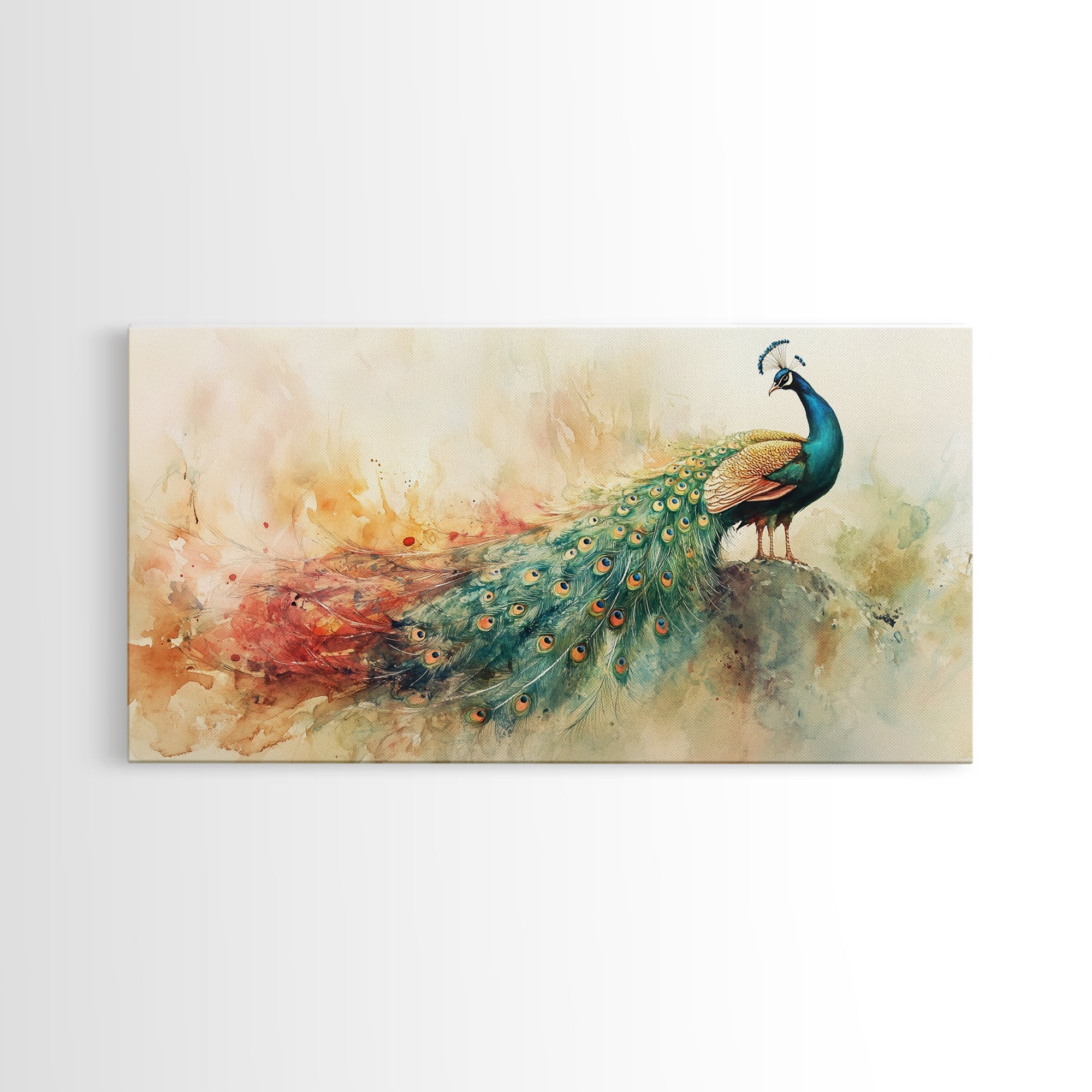 Elegant Peacock Wall Art Canvas Print, Colorful Wildlife Painting, Moody Therapy Art, Unique Bedroom Decor Gift Idea, Botanical Prints