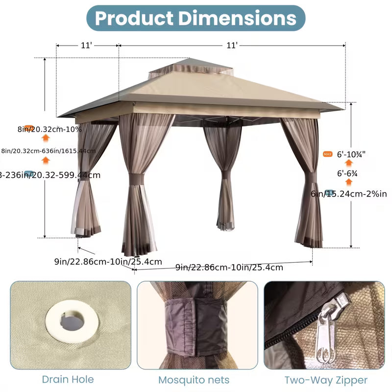 11'X11'  Outdoor Gazebo, Pop Up Canopy with Mosquito Netting