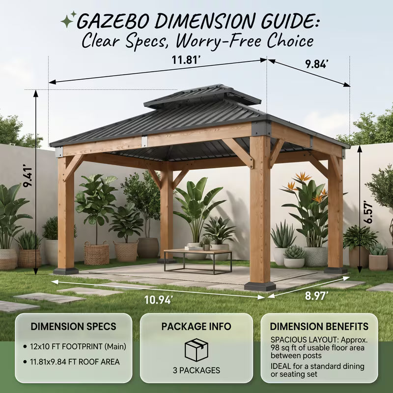 12X10Ft Outdoor Wooden Hardtop Gazebo with Double Top Galvanized Steel Roof