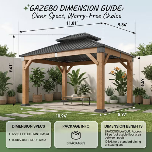 12X10Ft Outdoor Wooden Hardtop Gazebo with Double Top Galvanized Steel Roof