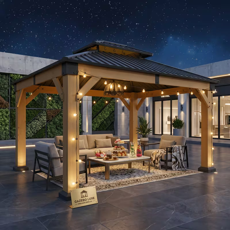 12X10Ft Outdoor Wooden Hardtop Gazebo with Double Top Galvanized Steel Roof