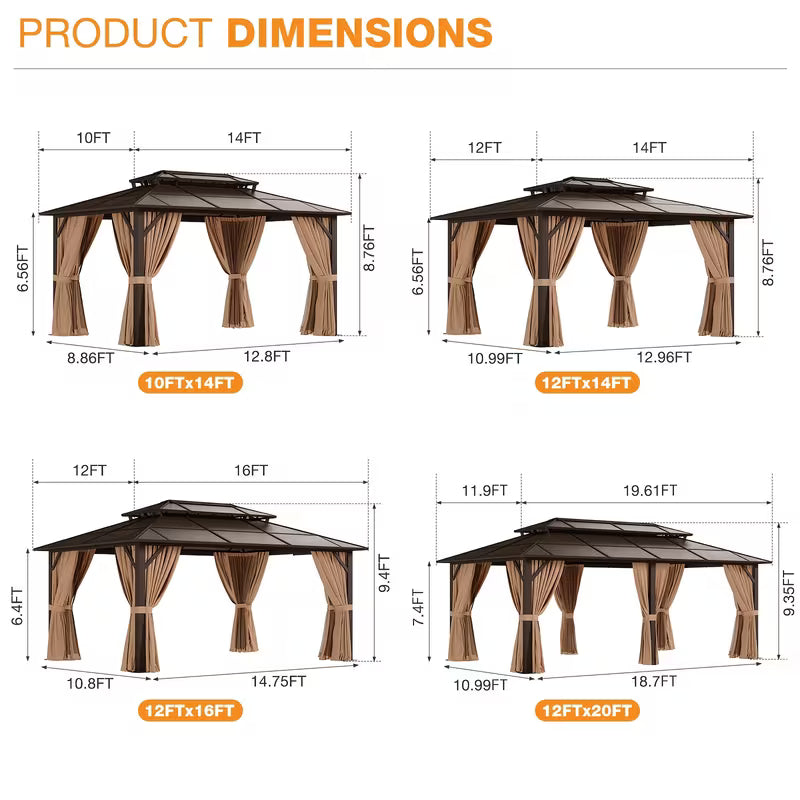 16x12ft Brown Aluminum Alloy Hardtop Gazebo