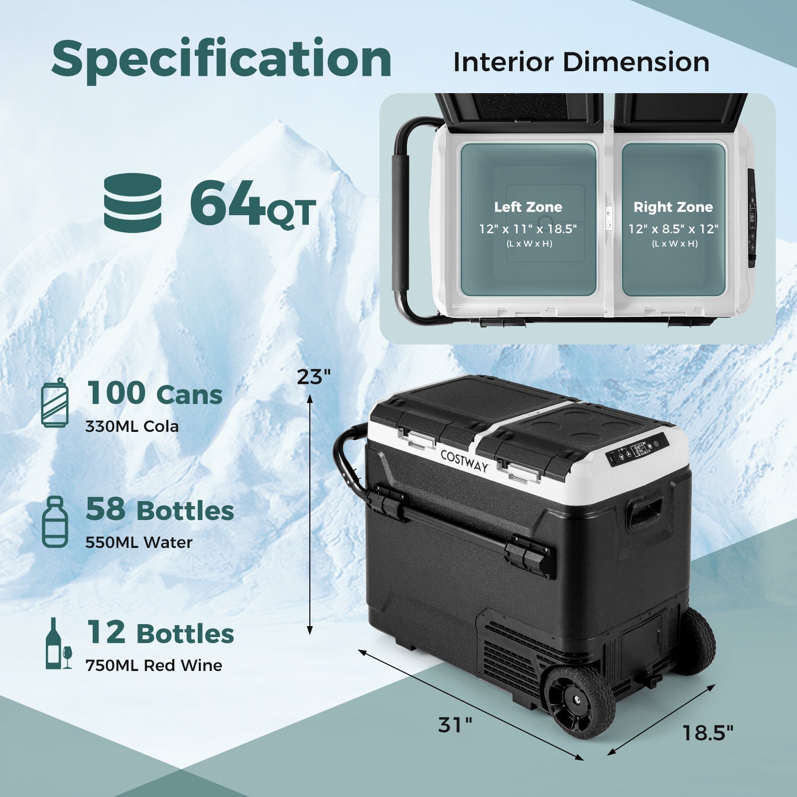 64QT Portable Compressor Fridge Freezer for Vehicles Camping Travel Truck RV Boat