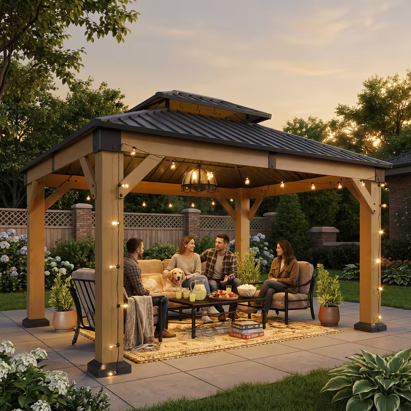 12X10Ft Outdoor Wooden Hardtop Gazebo with Double Top Galvanized Steel Roof