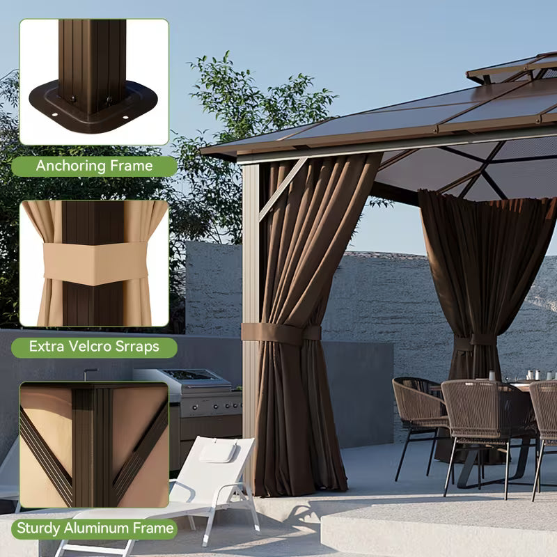16x12ft Brown Aluminum Alloy Hardtop Gazebo