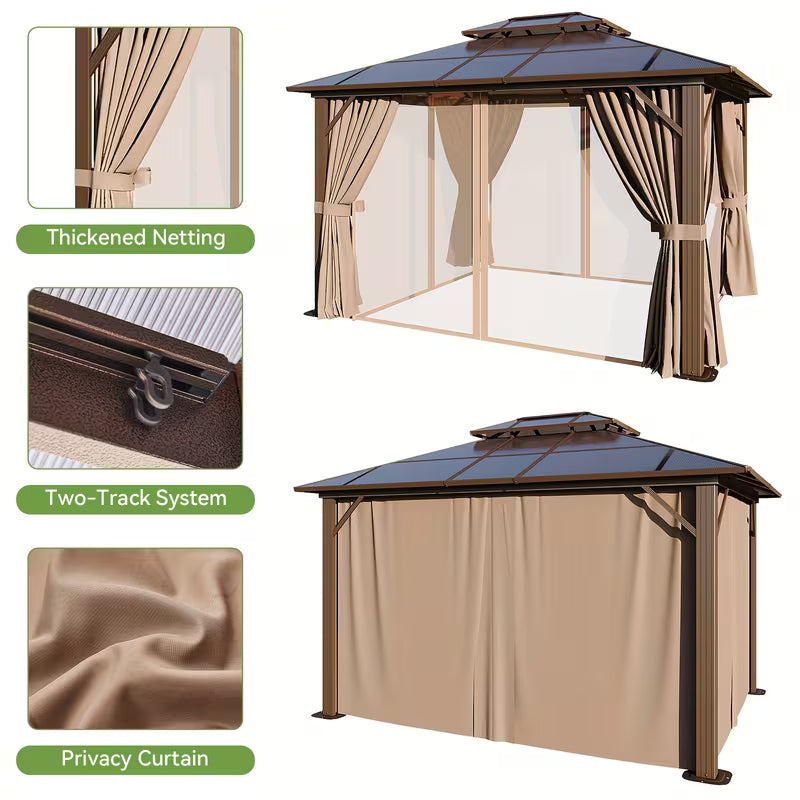 16x12ft Brown Aluminum Alloy Hardtop Gazebo