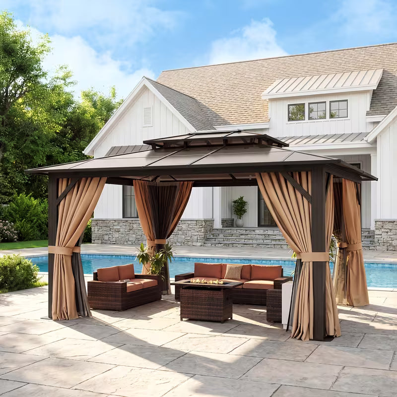 16x12ft Brown Aluminum Alloy Hardtop Gazebo