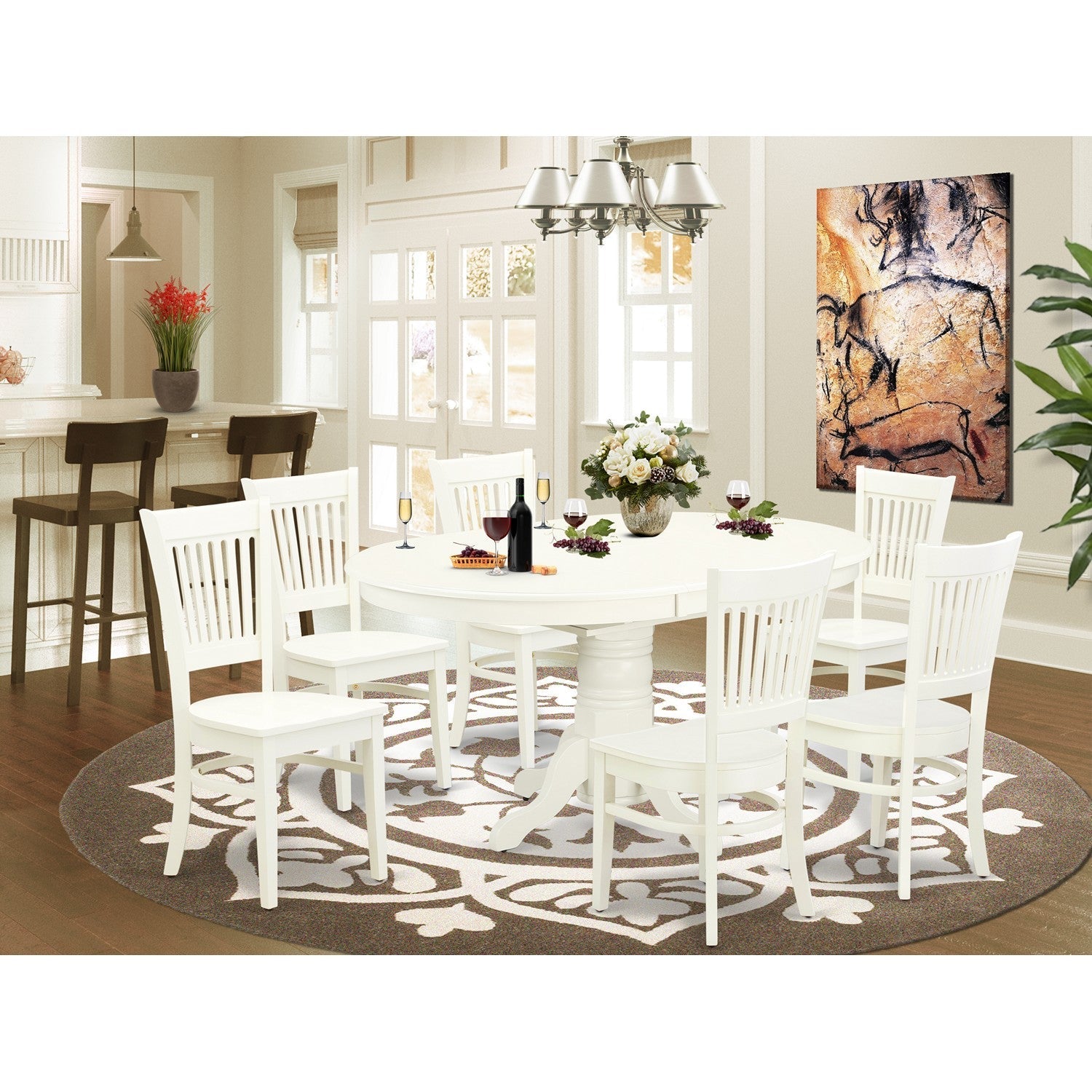 EAST WEST FURNITURE - AVVA7-LWH-W - 7-Piece Kitchen Table Set- 6 Modern Dining Chairs with Wooden Seat and Slatted Chair Back - Removable leaf Kitchen Dining Table - linen white Finish