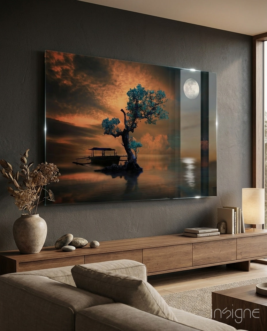 Turquoise Tree Moonlit Lake Boat Glass Wall Art