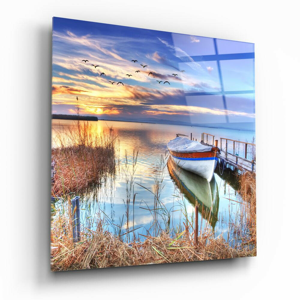 Moored Boat In Lake Reeds Glass Wall Art