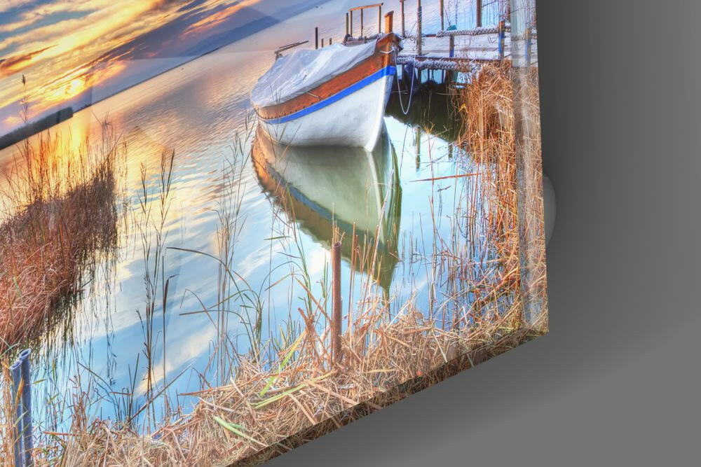 Moored Boat In Lake Reeds Glass Wall Art