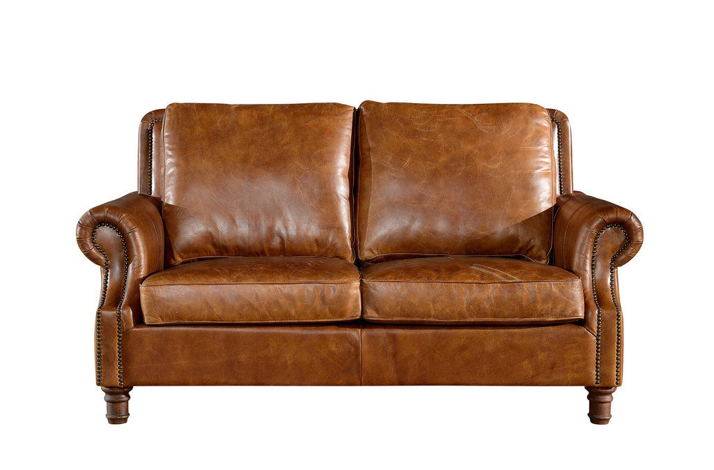 English Rolled Arm Love Seat - Light Brown Leather