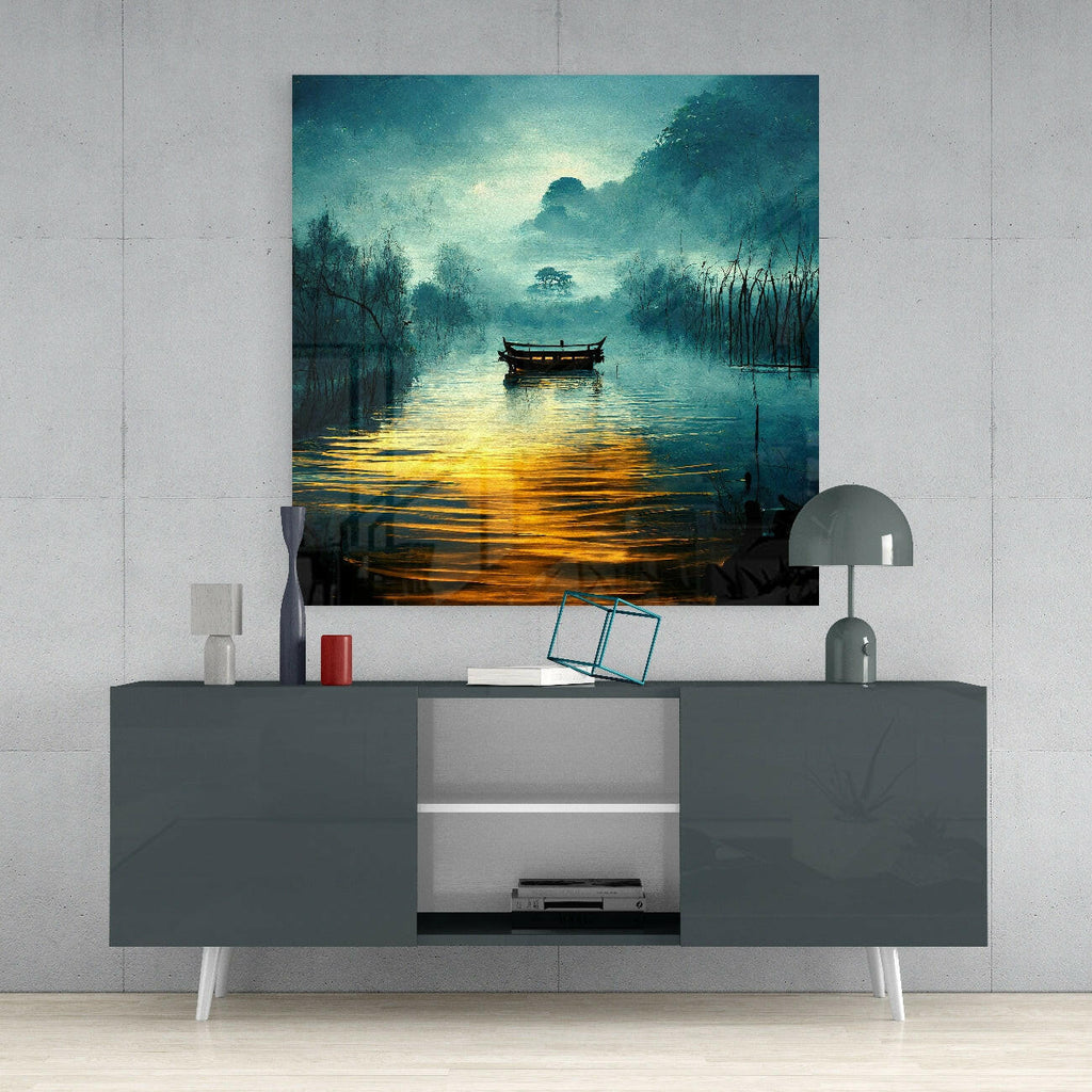 Misty Teal River Boat Golden Glow Glass Wall Art