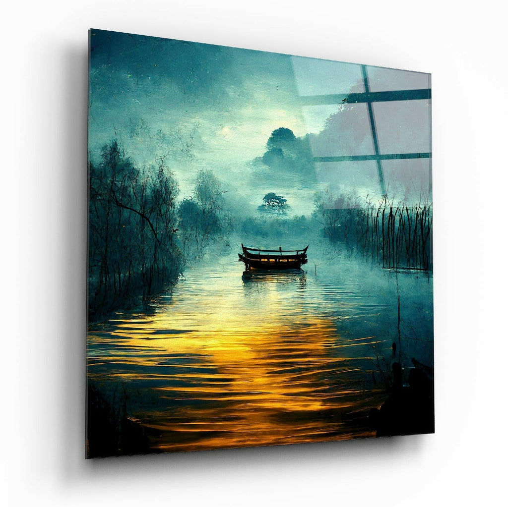 Misty Teal River Boat Golden Glow Glass Wall Art