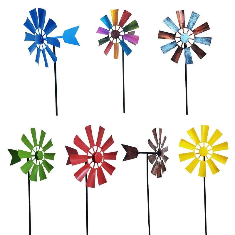 367A Wrought Iron Rotating Windmill Metal Wind Spinner Landscape Ornament for Outdoor Courtyard Yard Lawn Pinwheel Decor