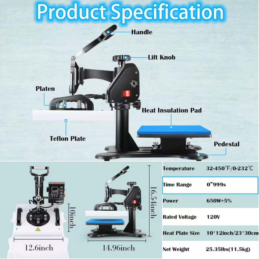 12"x10" T-shirt Heat Press Machine for T-Shirt/Bags/Pillows/Mouse Pads