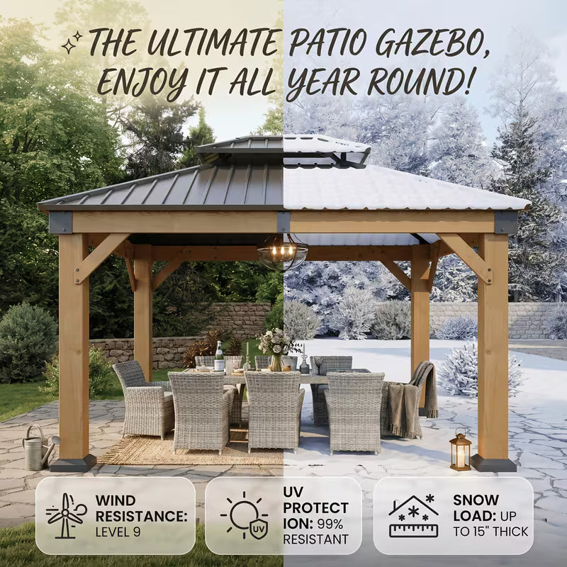 12X10Ft Outdoor Wooden Hardtop Gazebo with Double Top Galvanized Steel Roof