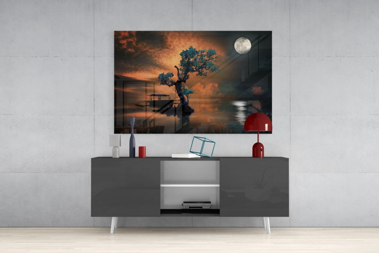 Turquoise Tree Moonlit Lake Boat Glass Wall Art