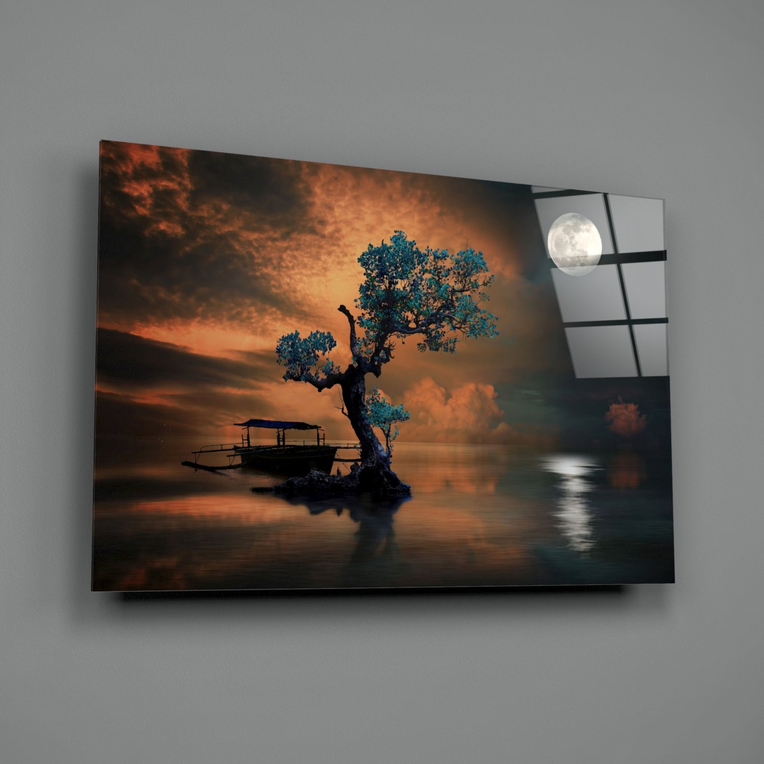 Turquoise Tree Moonlit Lake Boat Glass Wall Art