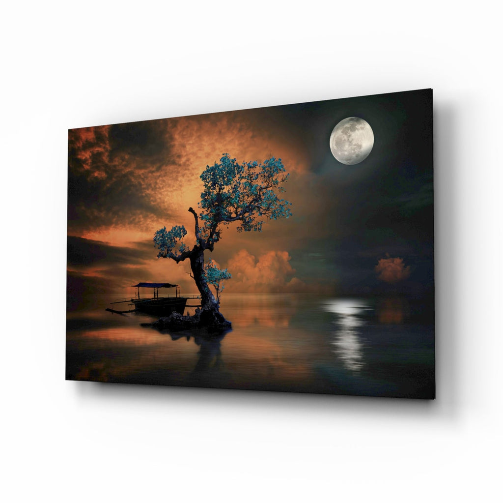Turquoise Tree Moonlit Lake Boat Glass Wall Art