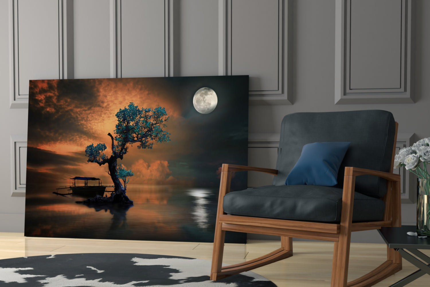 Turquoise Tree Moonlit Lake Boat Glass Wall Art