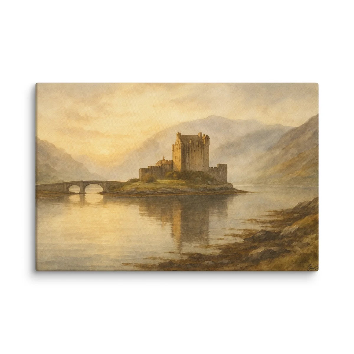 Large "Eilean Donan Castle at Dawn" Watercolor Canvas Print