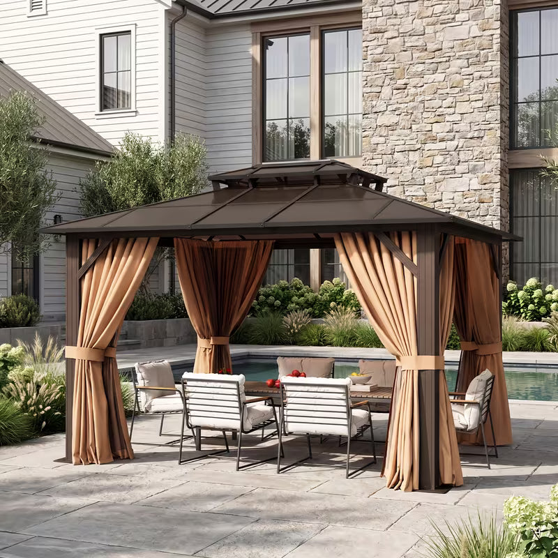 16x12ft Brown Aluminum Alloy Hardtop Gazebo
