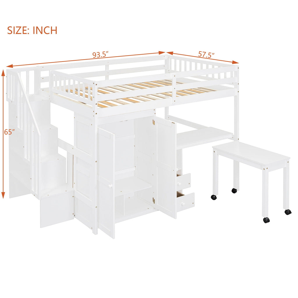 Loft Bed With Stairs, Bookshelf, Drawers, Desk & Wardrobe, Space Saving Multifunctional Furniture
