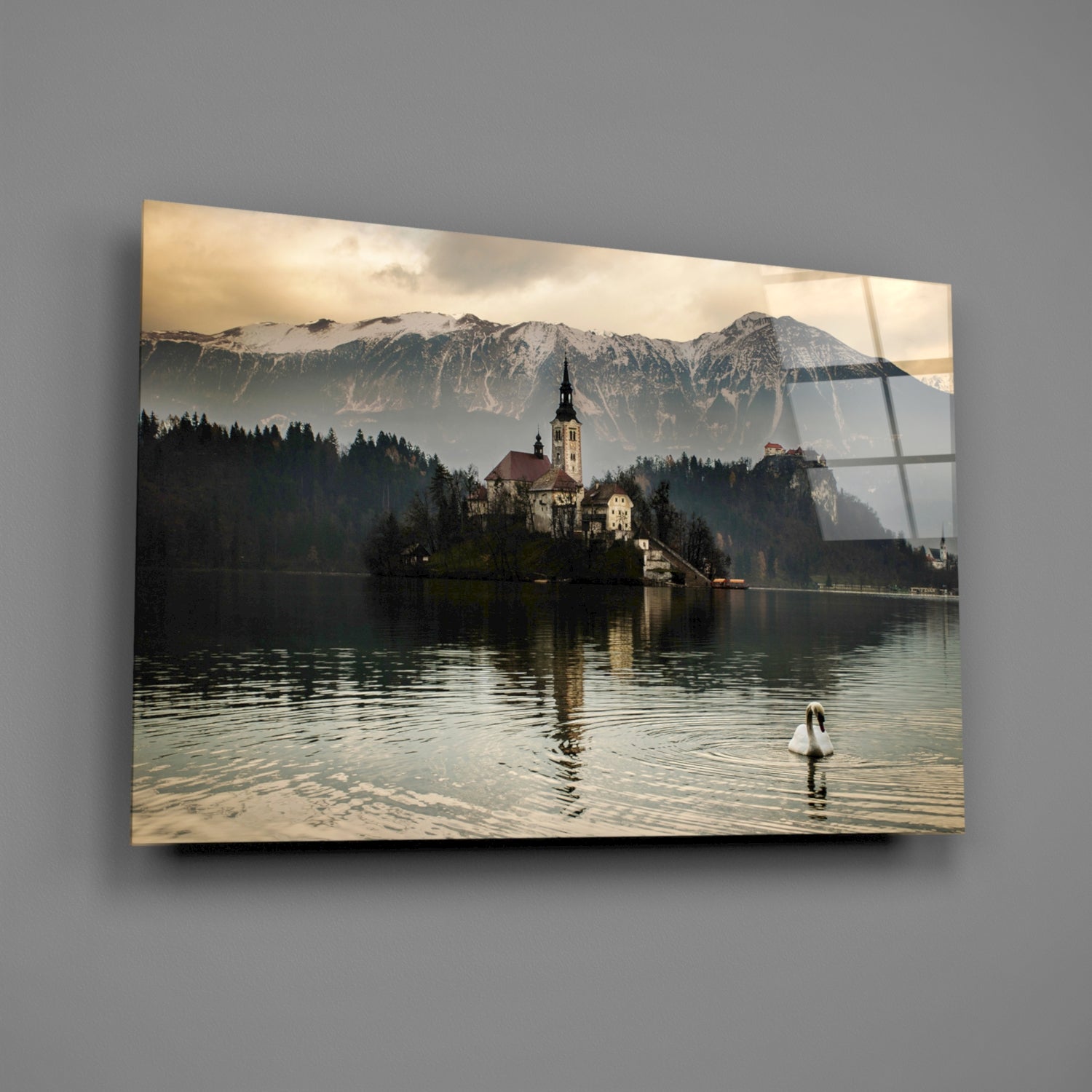 Misty Lake Church Swan Glass Wall Art