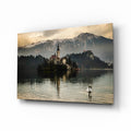 Misty Lake Church Swan Glass Wall Art