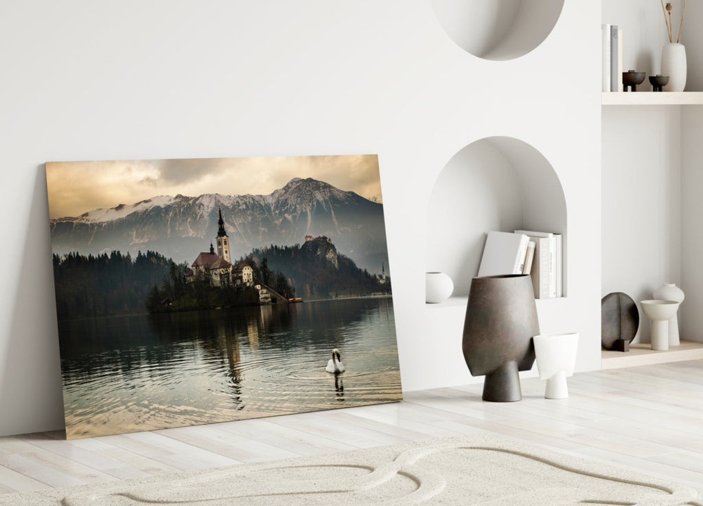 Misty Lake Church Swan Glass Wall Art