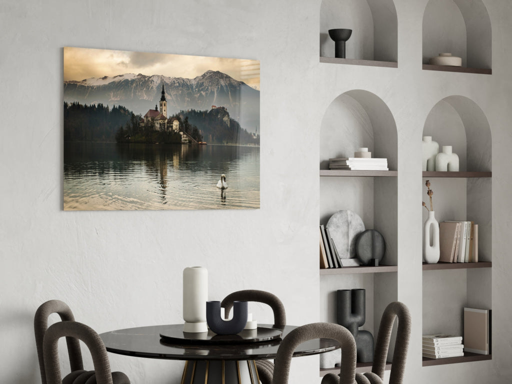 Misty Lake Church Swan Glass Wall Art