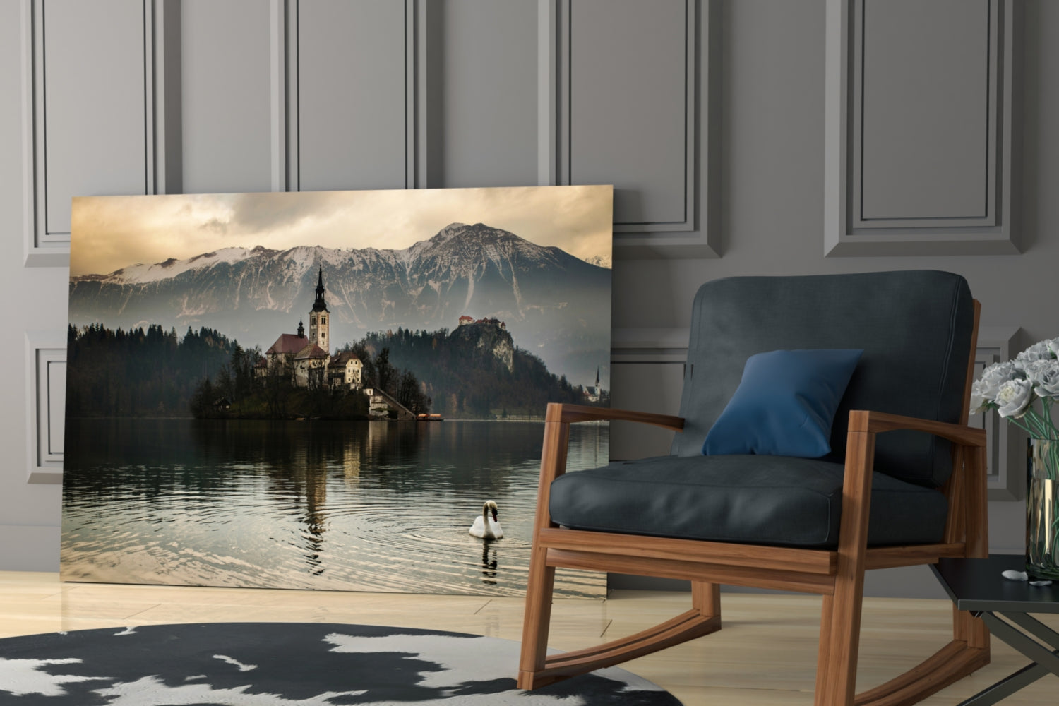 Misty Lake Church Swan Glass Wall Art