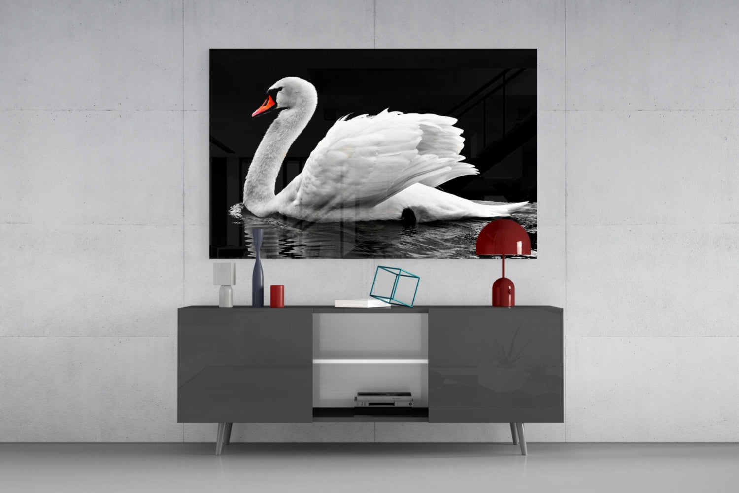 White Swan Black Water Reflection Glass Wall Art