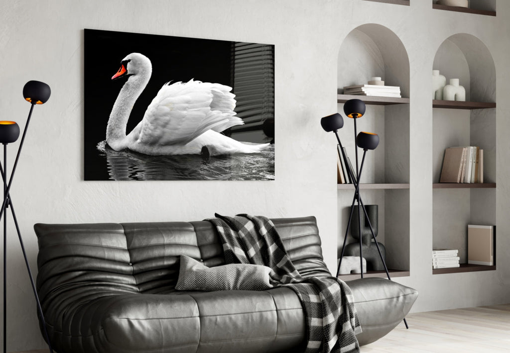 White Swan Black Water Reflection Glass Wall Art
