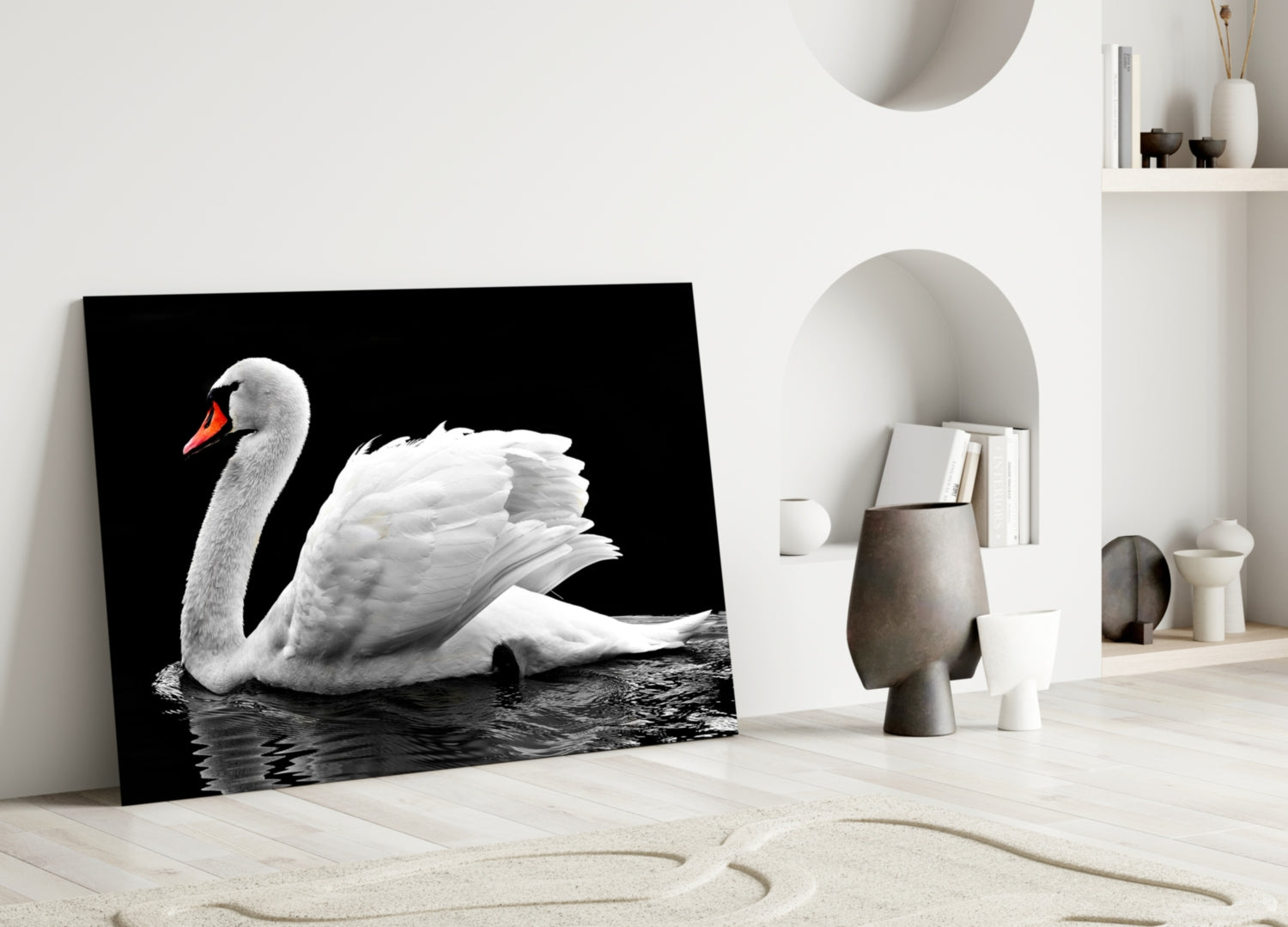 White Swan Black Water Reflection Glass Wall Art