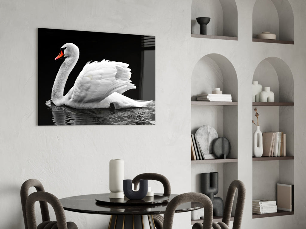 White Swan Black Water Reflection Glass Wall Art