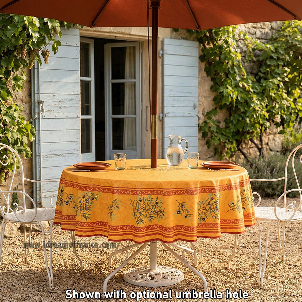 French Provencal tablecloth - Cotton, natural or acrylic-coated - 70" round - Clos des Oliviers yellow | Label France