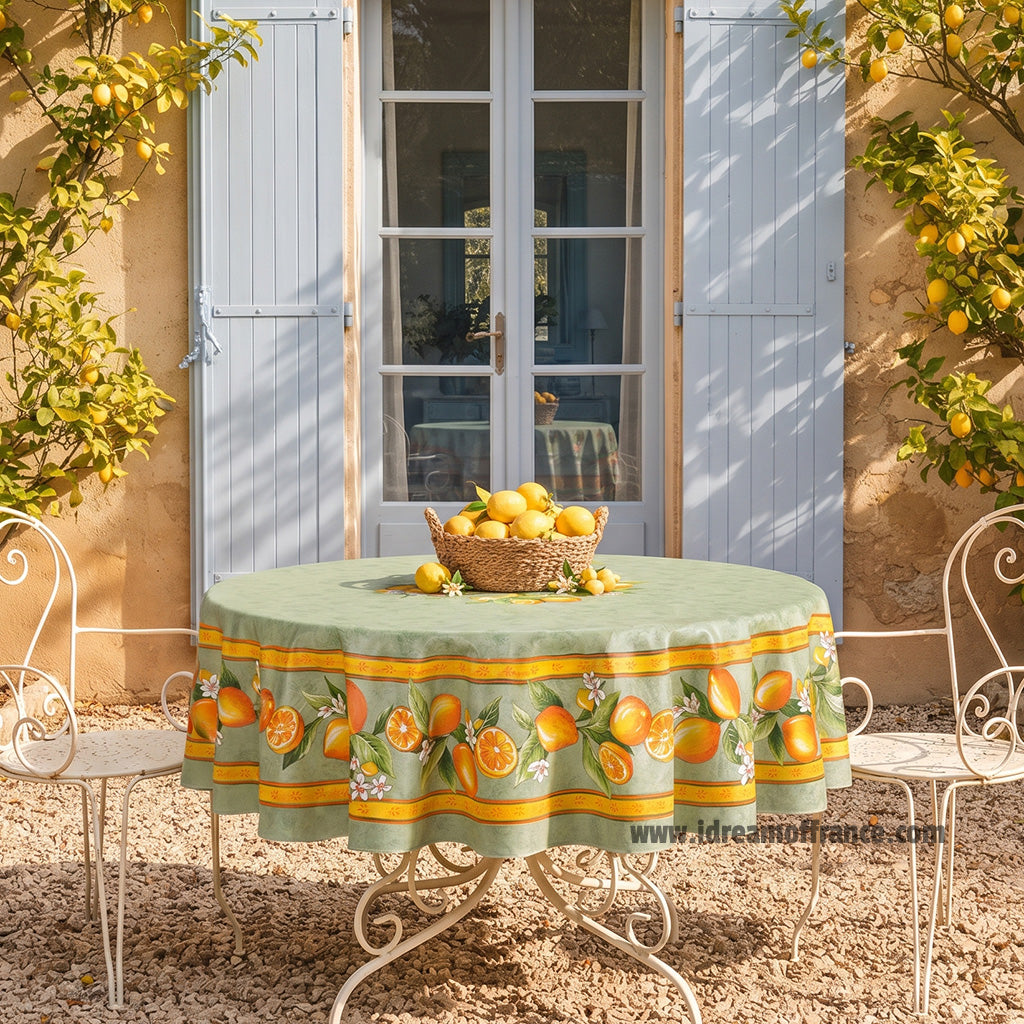 French Provencal tablecloth - Cotton, natural or acrylic-coated - 70" round - Lemon green | Tissus Toselli