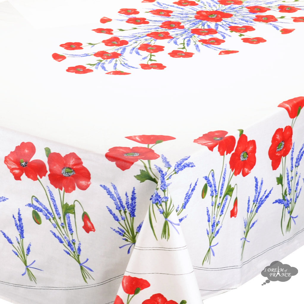 French Provencal tablecloth - Acrylic coated cotton, Spill-proof - 60x96" Rectangular - Poppies ivory | Tissus Toselli