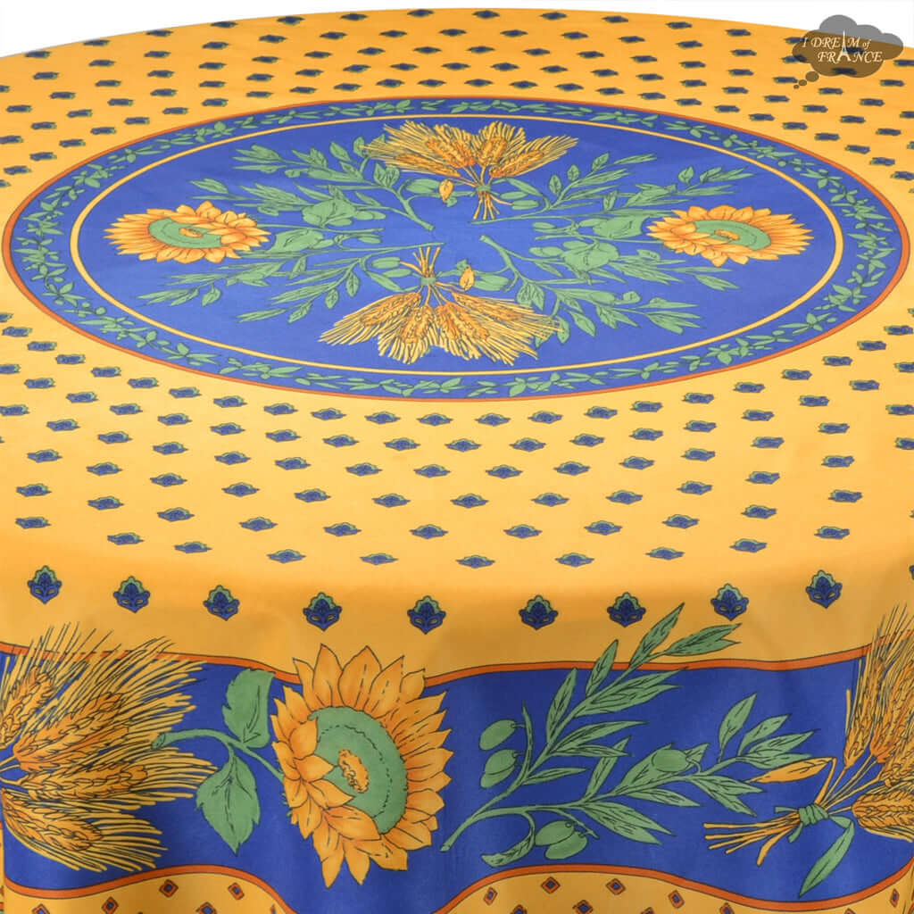 French Provencal tablecloth - Polyester - Stain-resistant - 70" round - Tournesol blue | Provence Imports
