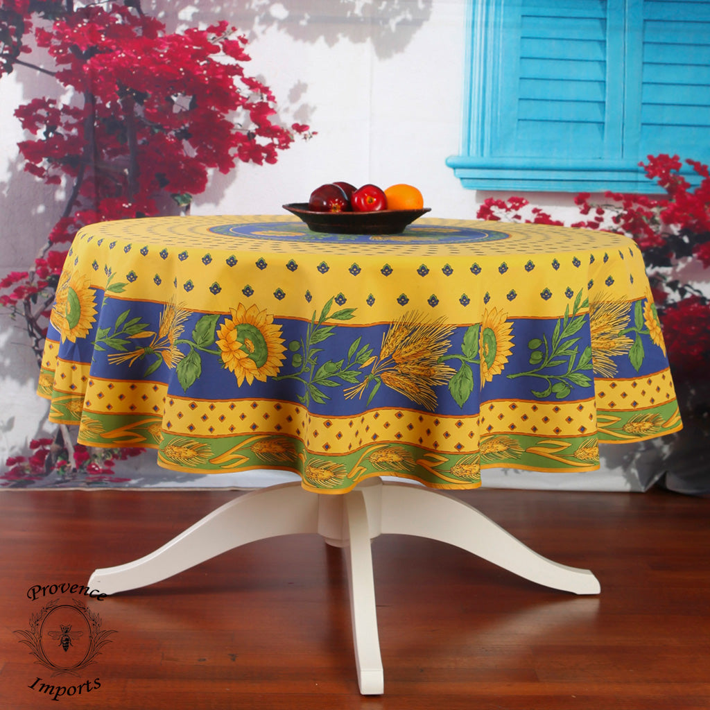 French Provencal tablecloth - Polyester - Stain-resistant - 70" round - Tournesol blue | Provence Imports